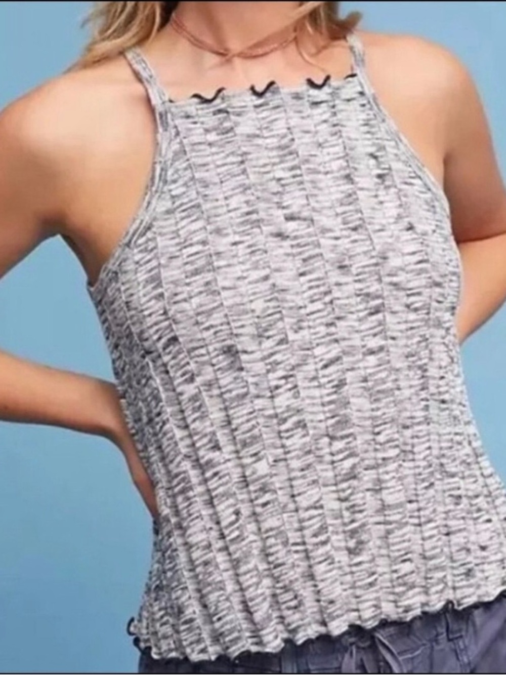 Anthropologie Akemi + Kin Heathered Navy Ribbed Cotton Blend Sweater Tank XL
